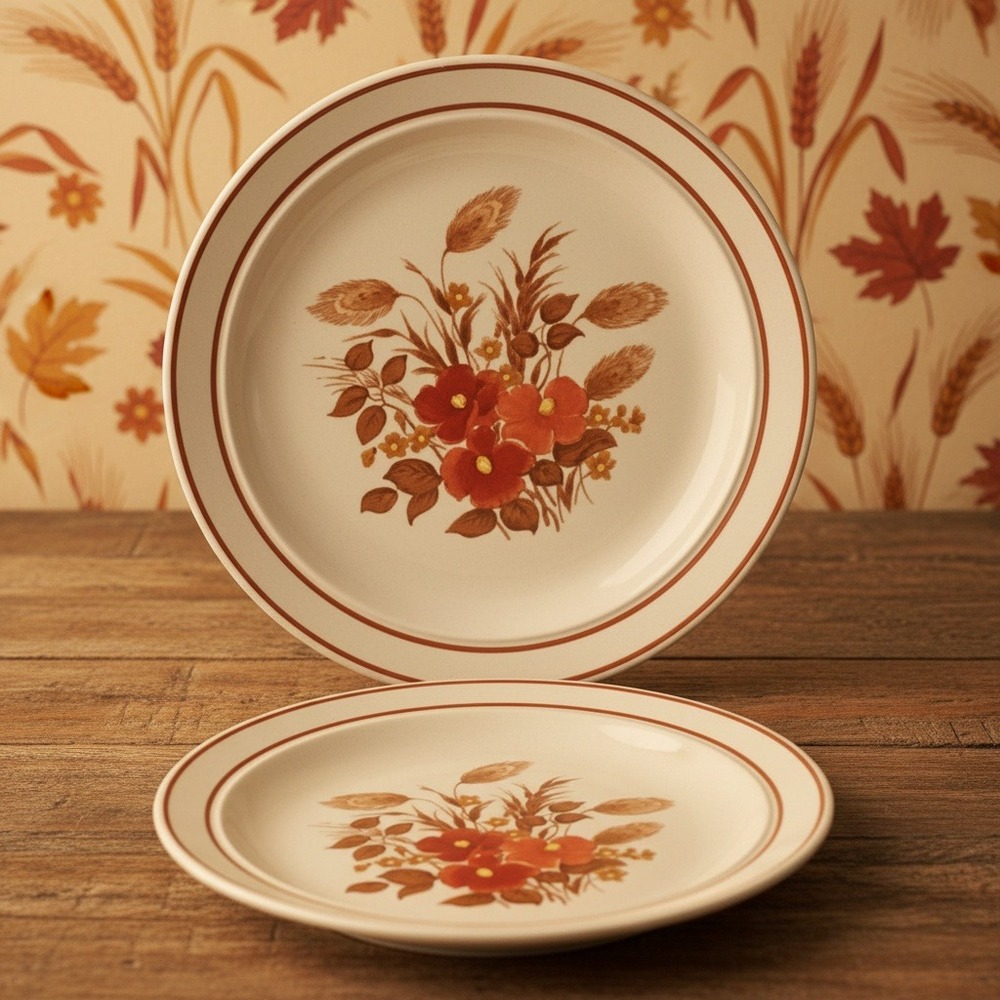 Diamond Design Stoneware Salad Plates, Set of 2, Floral Wheat Pattern, Japan